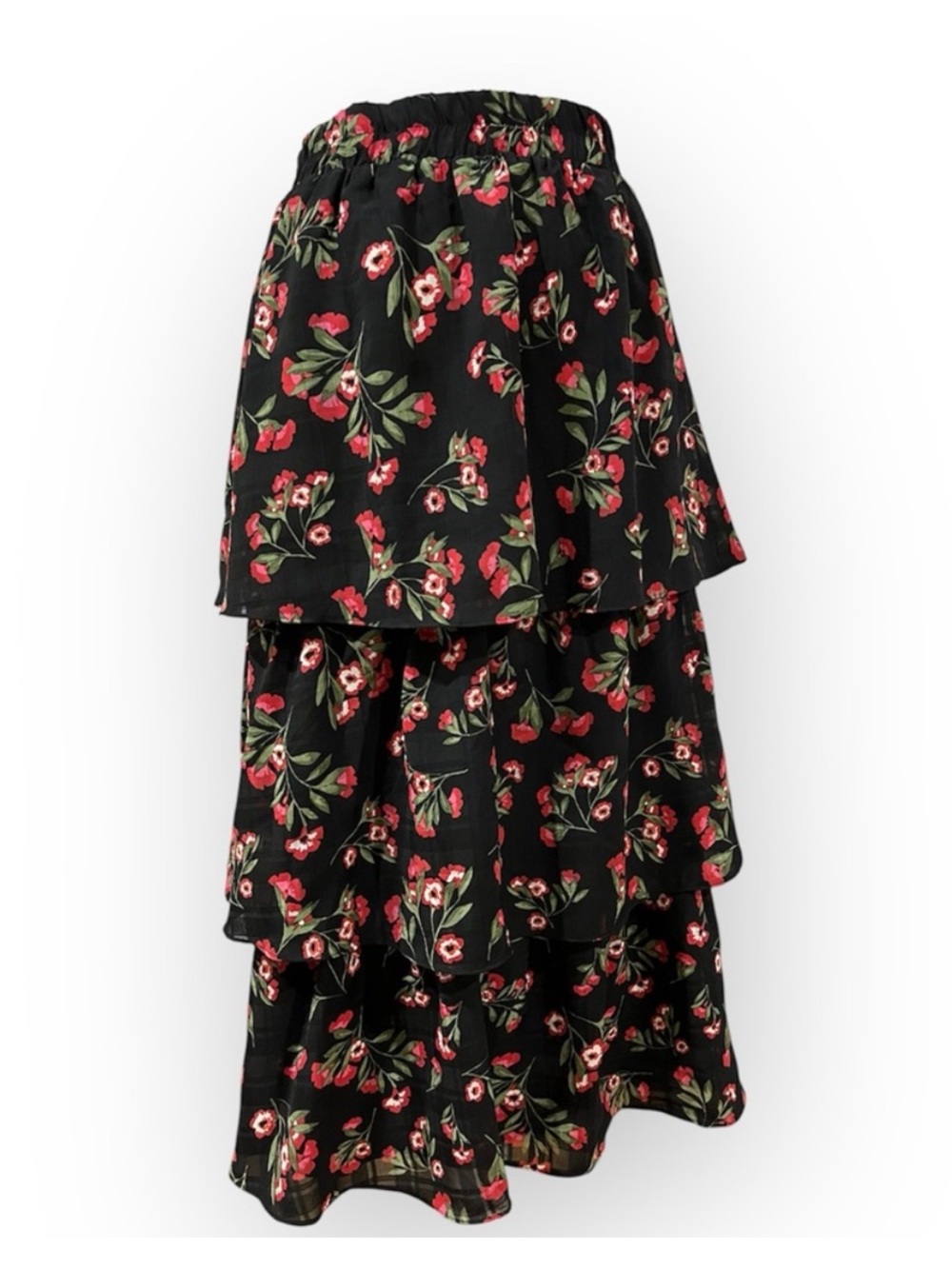 Draper James RSVP Black & Red Floral Bohemian Tiered Midi Skirt Size M